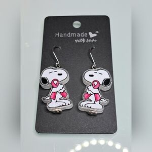 Snoopy With Cancer Ribbon Earrings With Stainless Steel Ear Wires